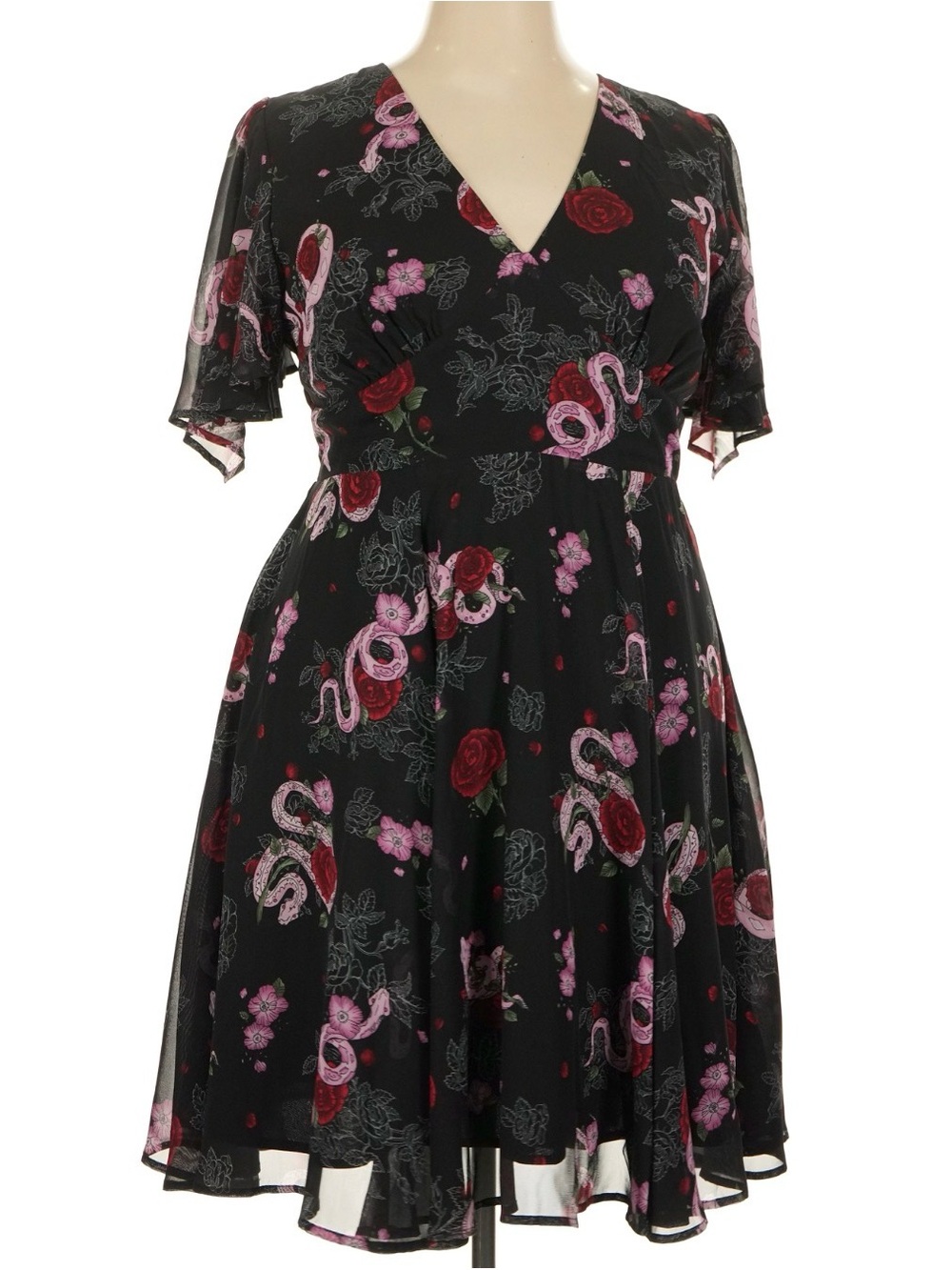 Black Floral & Snake Print V-Neck Dress
